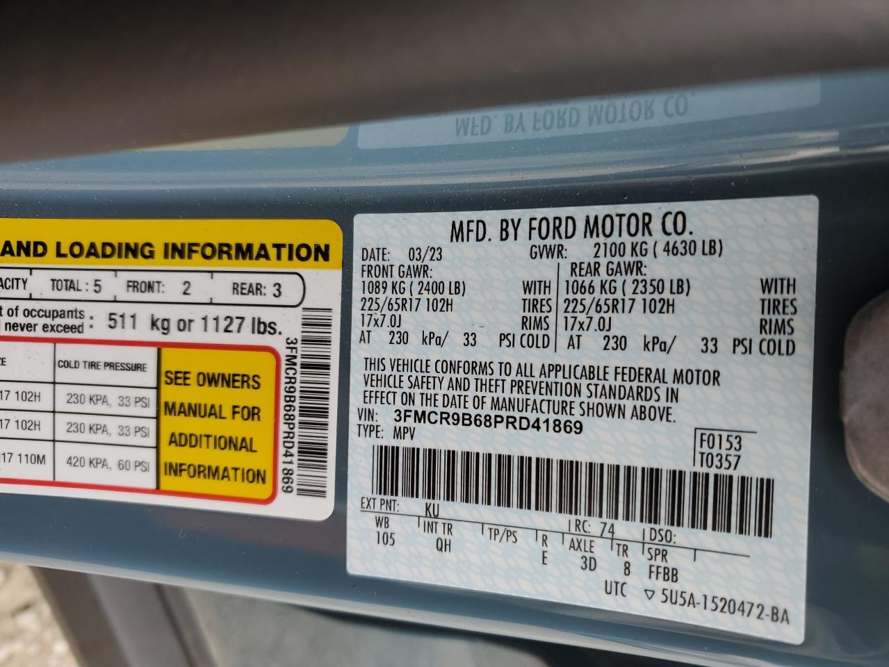 2023 FORD BRONCO SPORT BIG BEND VIN:3FMCR9B68PRD41869