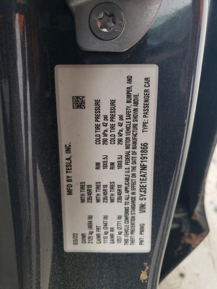 2022 TESLA MODEL 3 VIN:5YJ3E1EA7NF191866