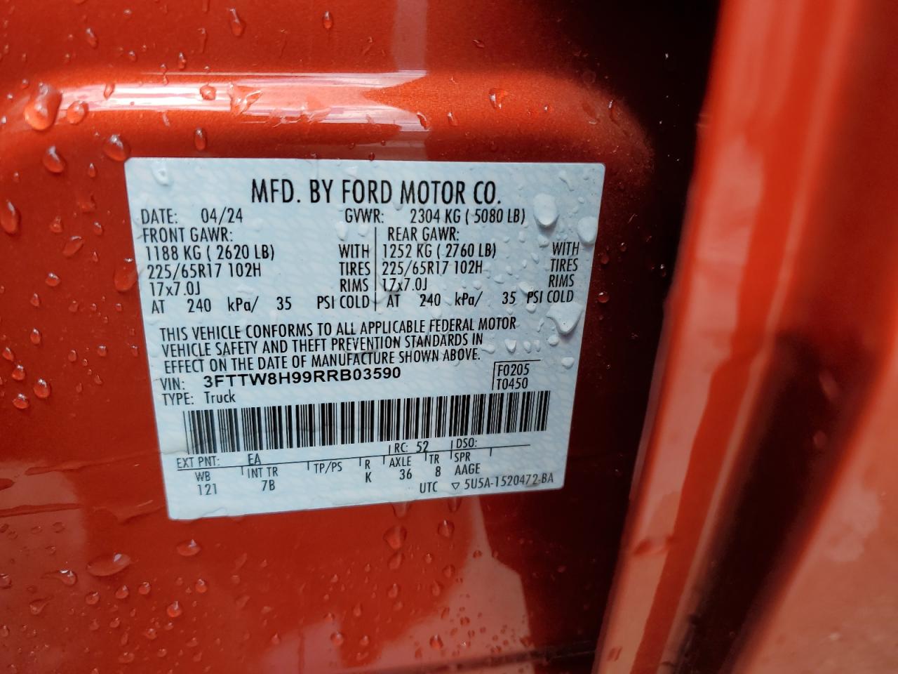 2024 FORD MAVERICK XLT VIN:3FTTW8H99RRB03590