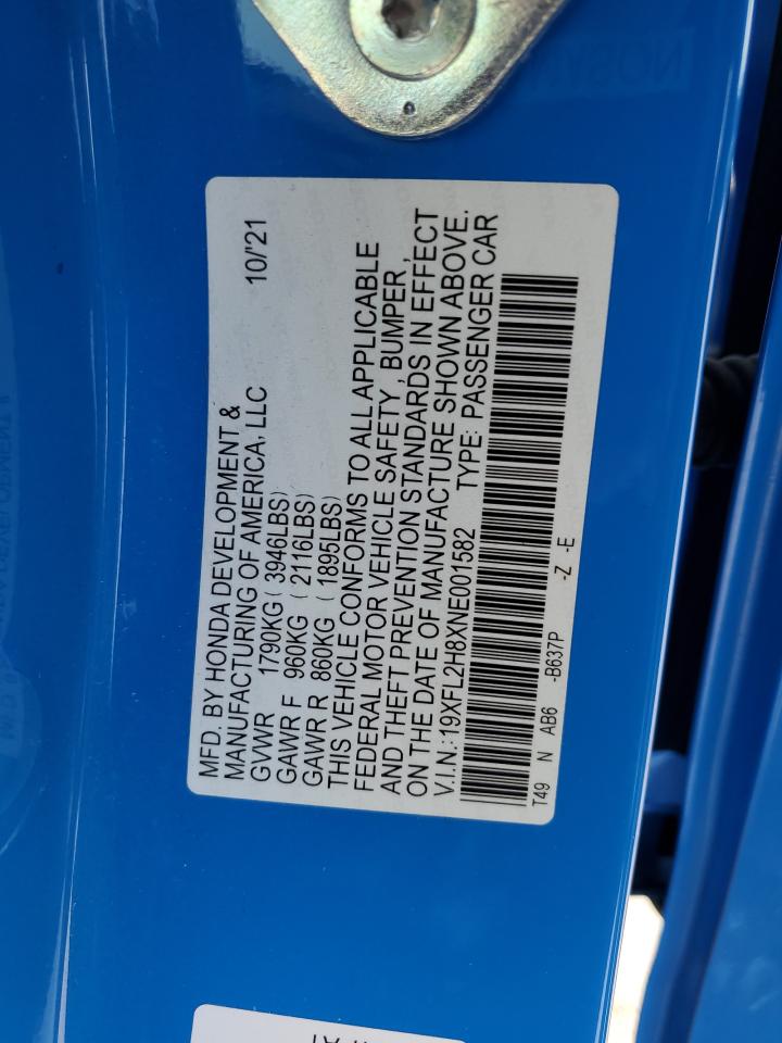2022 HONDA CIVIC SPORT VIN:19XFL2H8XNE001582