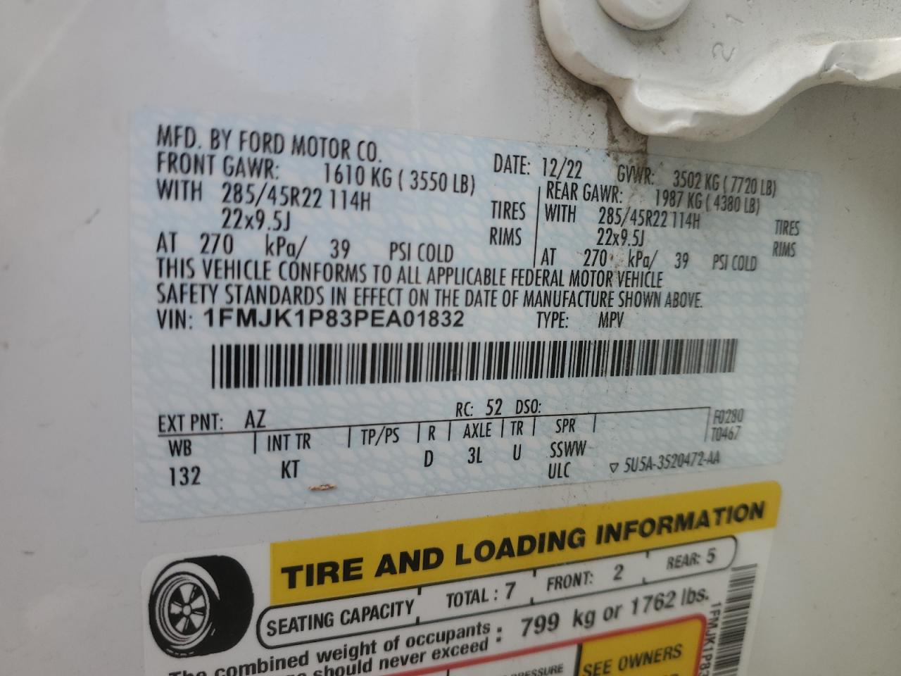 2023 FORD EXPEDITION MAX KING RANCH VIN:1FMJK1P83PEA01832