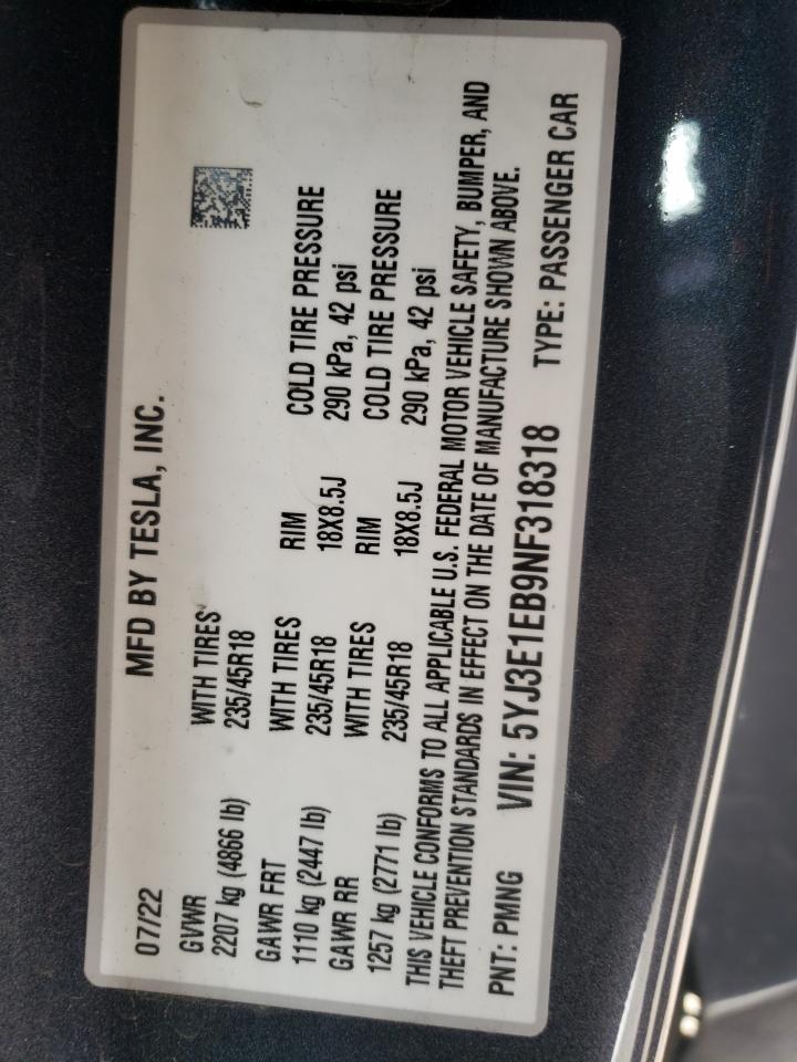 2022 TESLA MODEL 3 VIN:5YJ3E1EB9NF318318