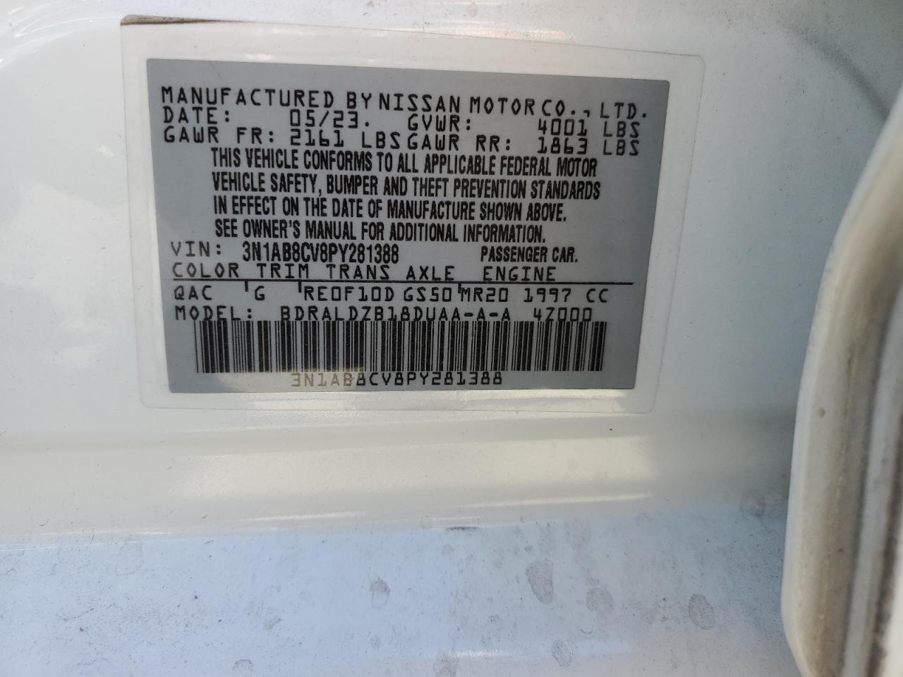 2023 NISSAN SENTRA SV VIN:3N1AB8CV8PY281388