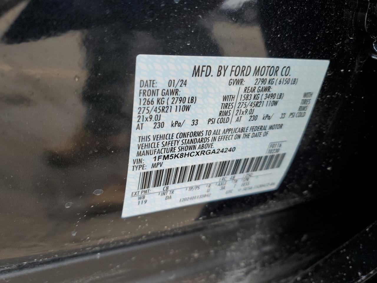 2024 FORD EXPLORER PLATINUM VIN:1FM5K8HCXRGA24240