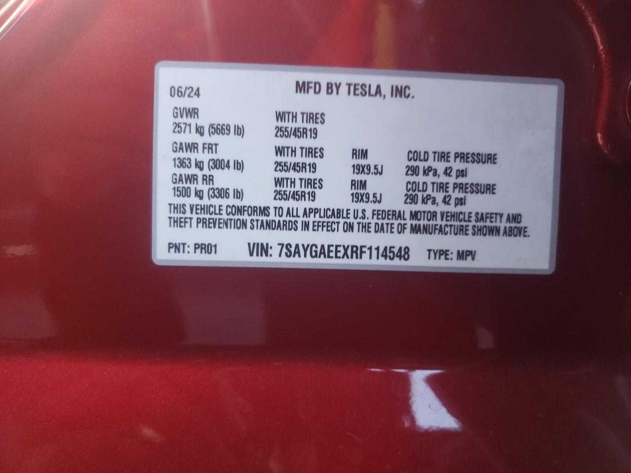 2024 TESLA MODEL Y VIN:7SAYGAEEXRF114548
