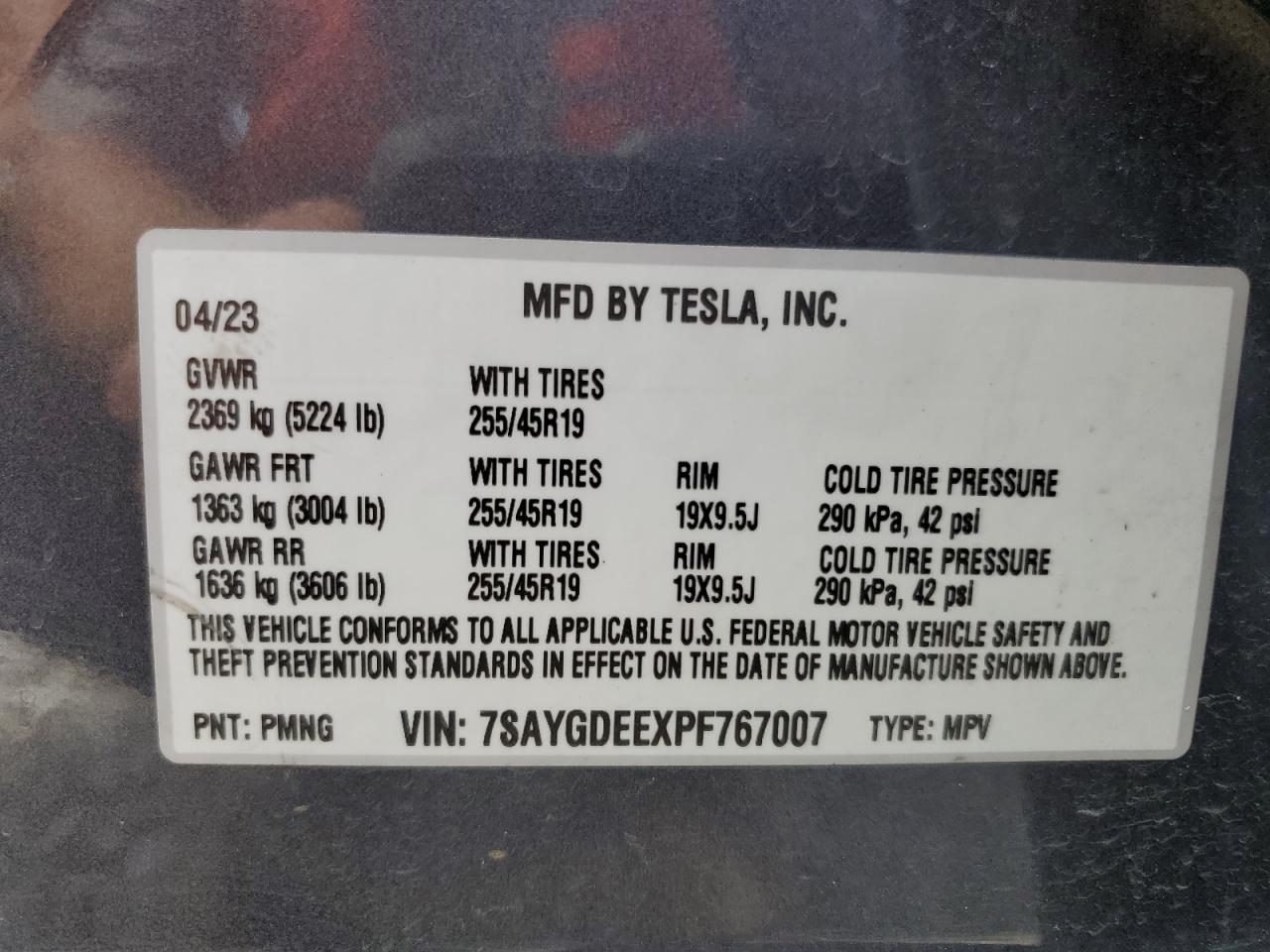 2023 TESLA MODEL Y VIN:7SAYGDEEXPF767007