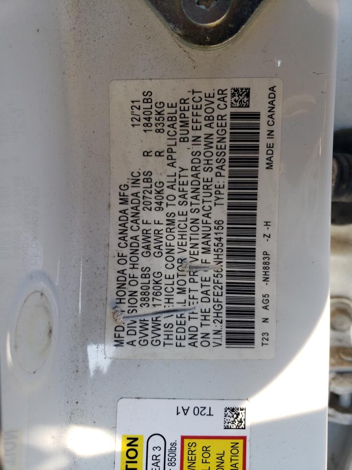 2022 HONDA CIVIC SPORT VIN:2HGFE2F56NH554156