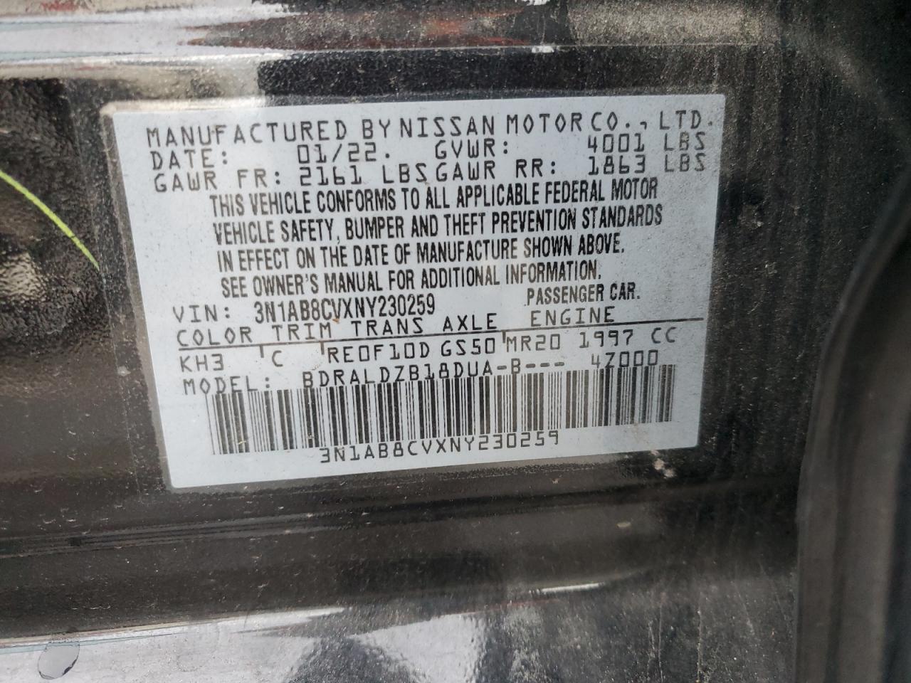 2022 NISSAN SENTRA SV VIN:3N1AB8CVXNY230259