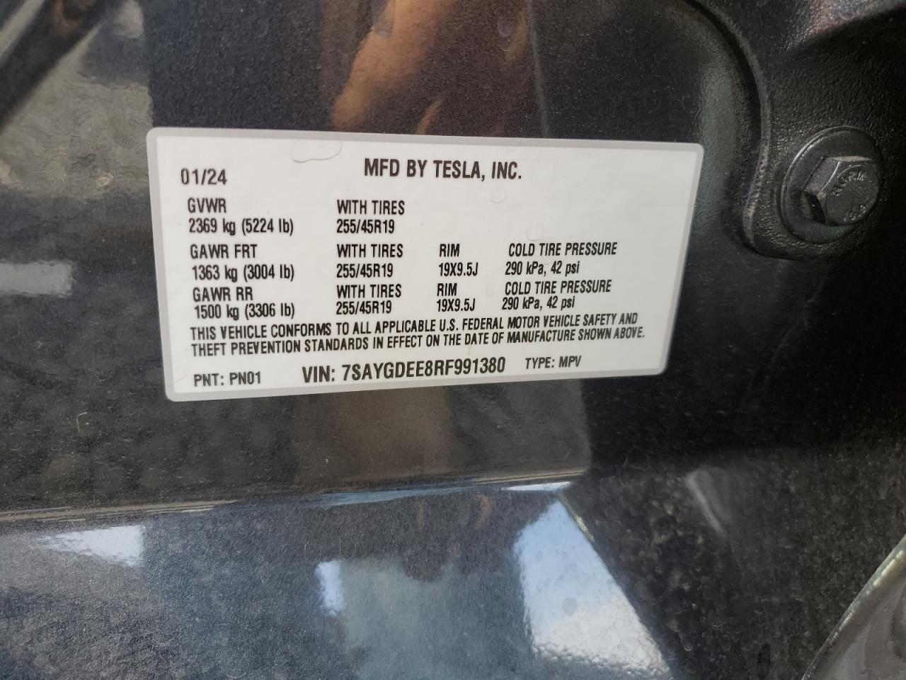 2024 TESLA MODEL Y VIN:7SAYGDEE8RF991380
