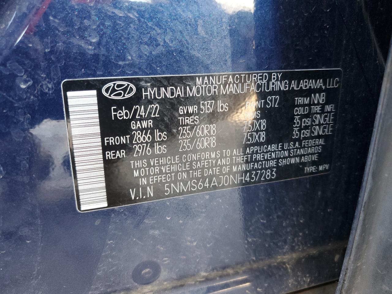 2022 HYUNDAI SANTA FE SEL VIN:5NMS64AJ0NH437283