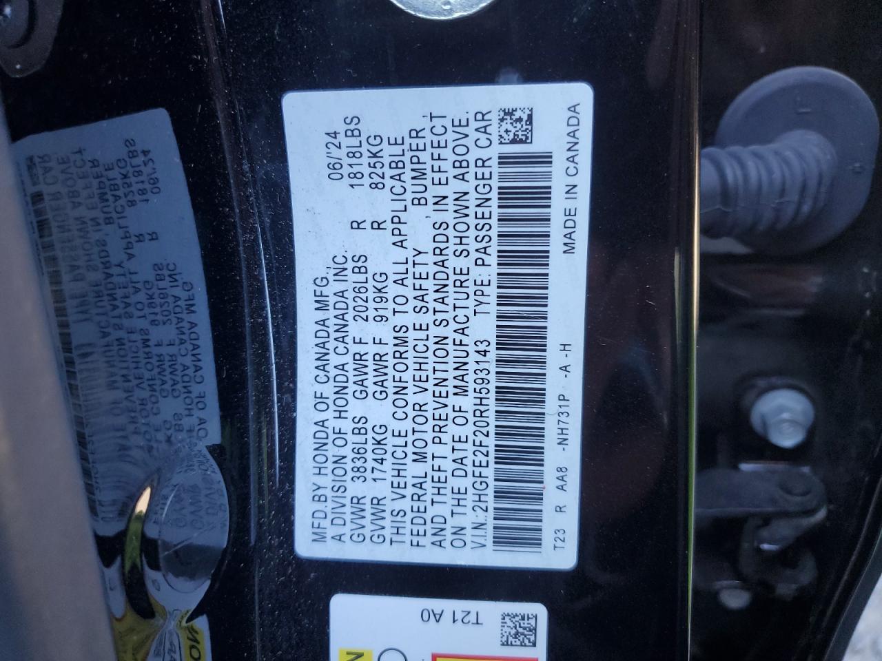 2024 HONDA CIVIC LX VIN:2HGFE2F20RH593143