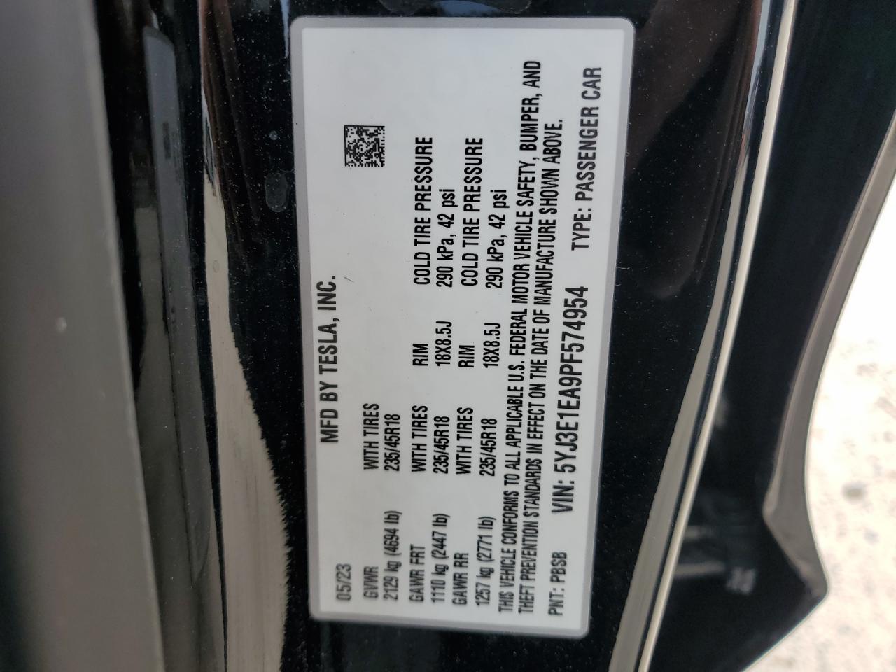 2023 TESLA MODEL 3 VIN:5YJ3E1EA9PF574954