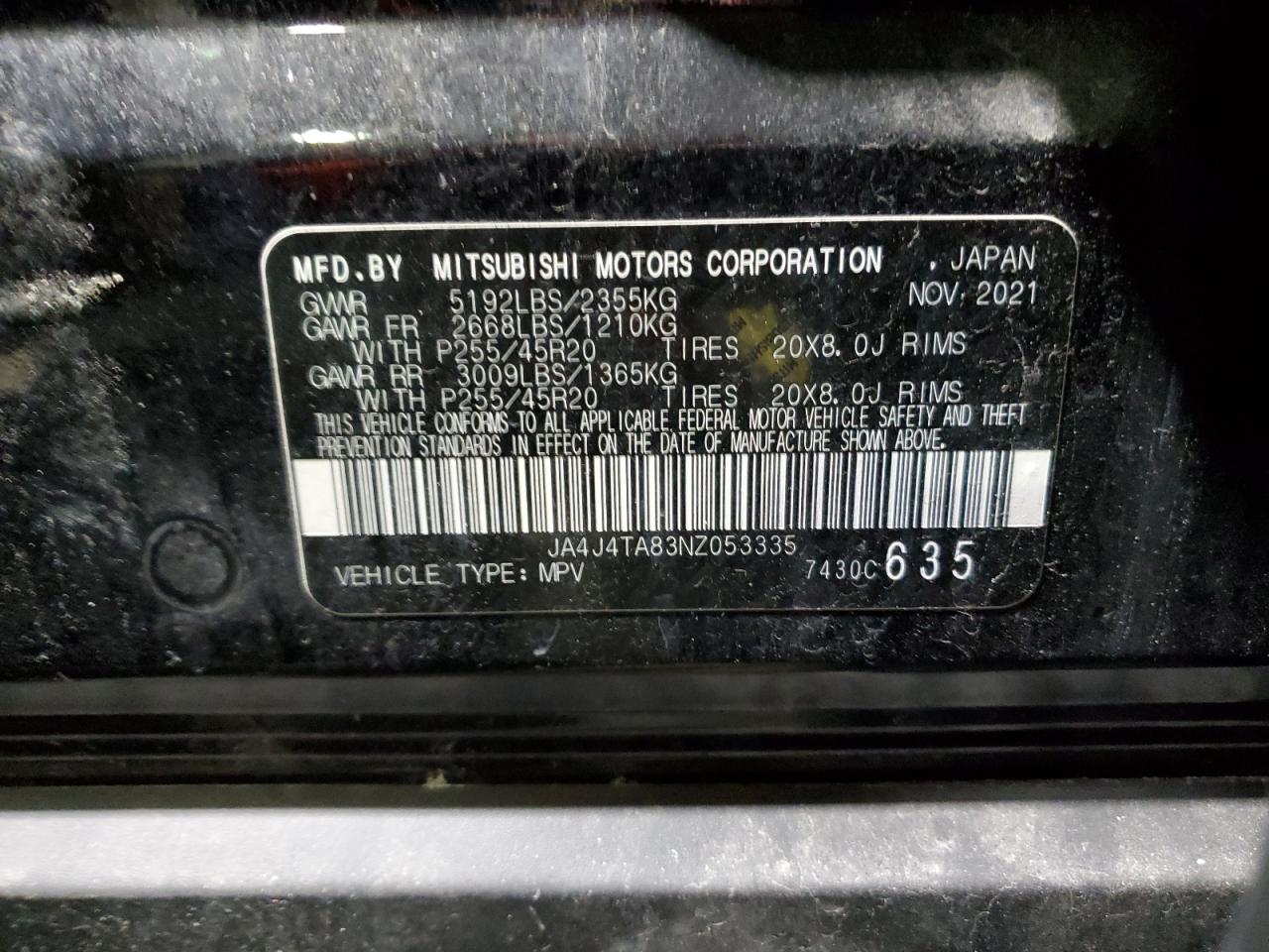 2022 MITSUBISHI OUTLANDER ES VIN:JA4J4TA83NZ053335