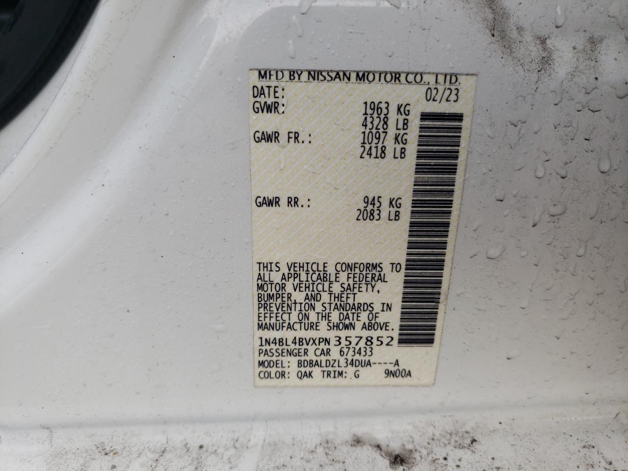 2023 NISSAN ALTIMA S VIN:1N4BL4BVXPN357852
