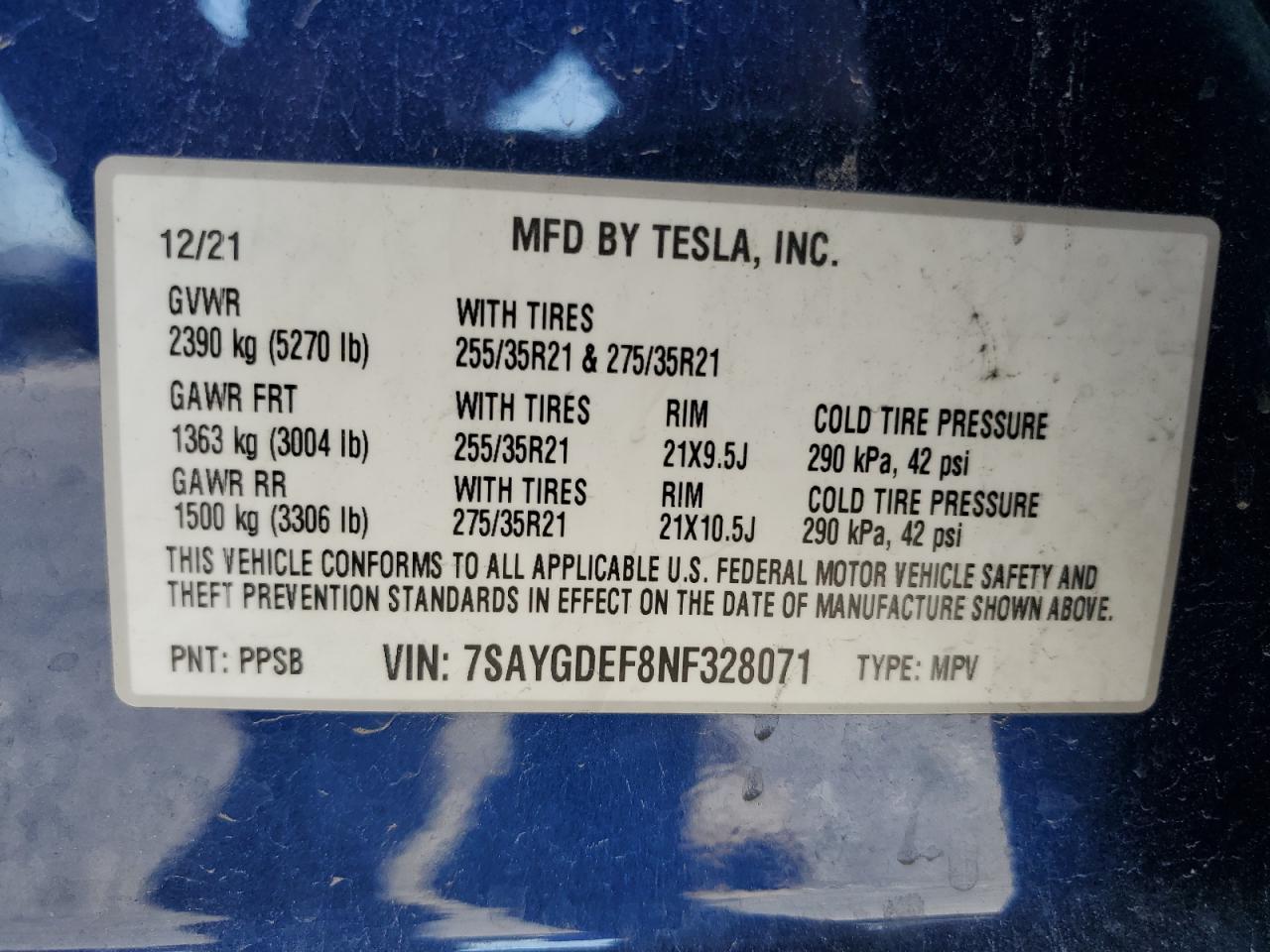 2022 TESLA MODEL Y VIN:7SAYGDEF8NF328071