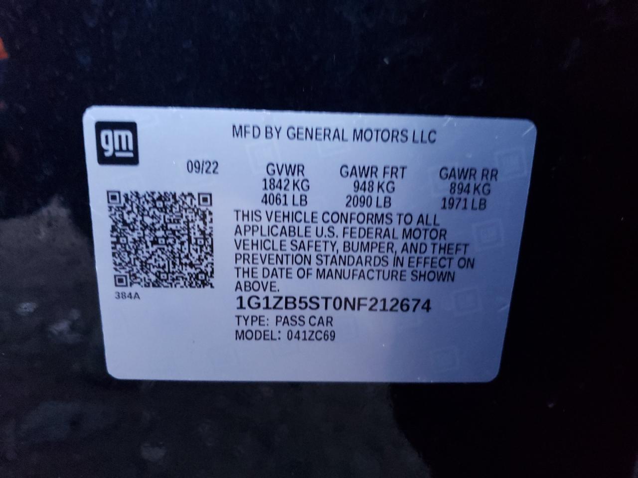 2022 CHEVROLET MALIBU LS VIN:1G1ZB5ST0NF212674