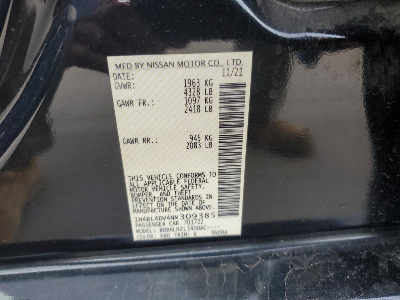 2022 NISSAN ALTIMA SV VIN:1N4BL4DV4NN309385
