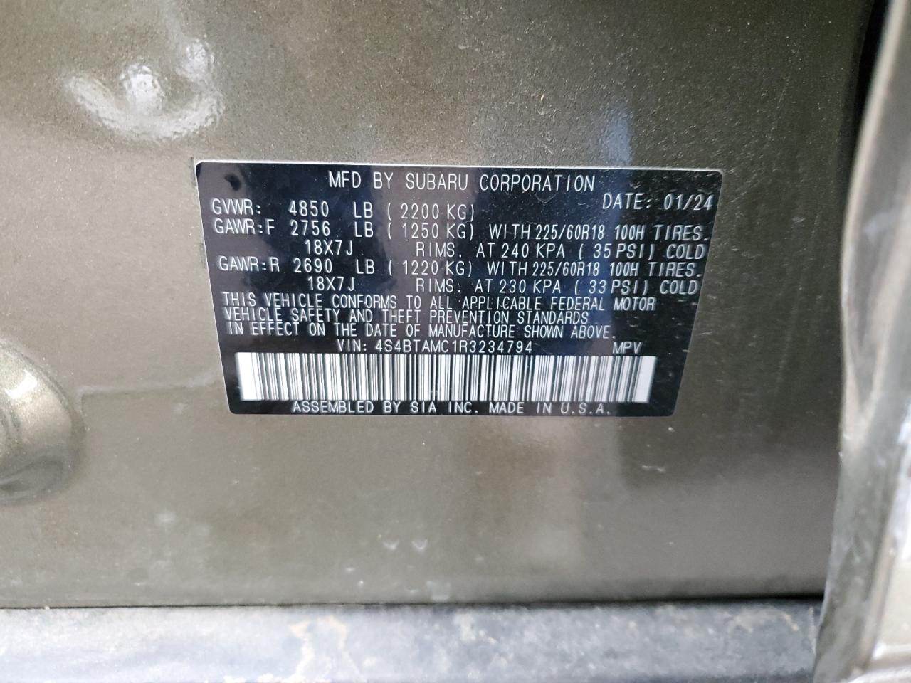 2024 SUBARU OUTBACK LIMITED VIN:4S4BTAMC1R3234794