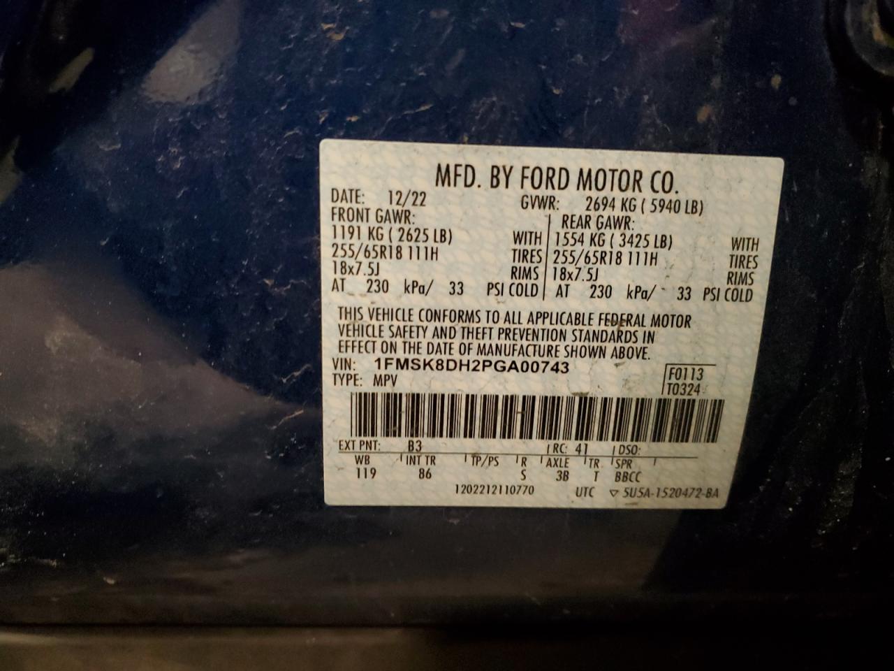 2023 FORD EXPLORER XLT VIN:1FMSK8DH2PGA00743