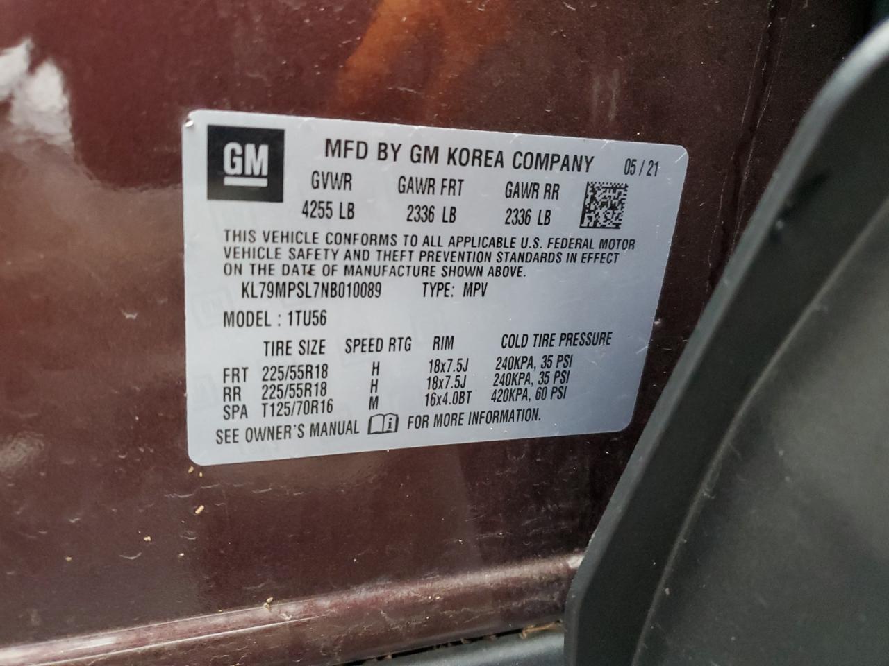 2022 CHEVROLET TRAILBLAZER LT VIN:KL79MPSL7NB010089