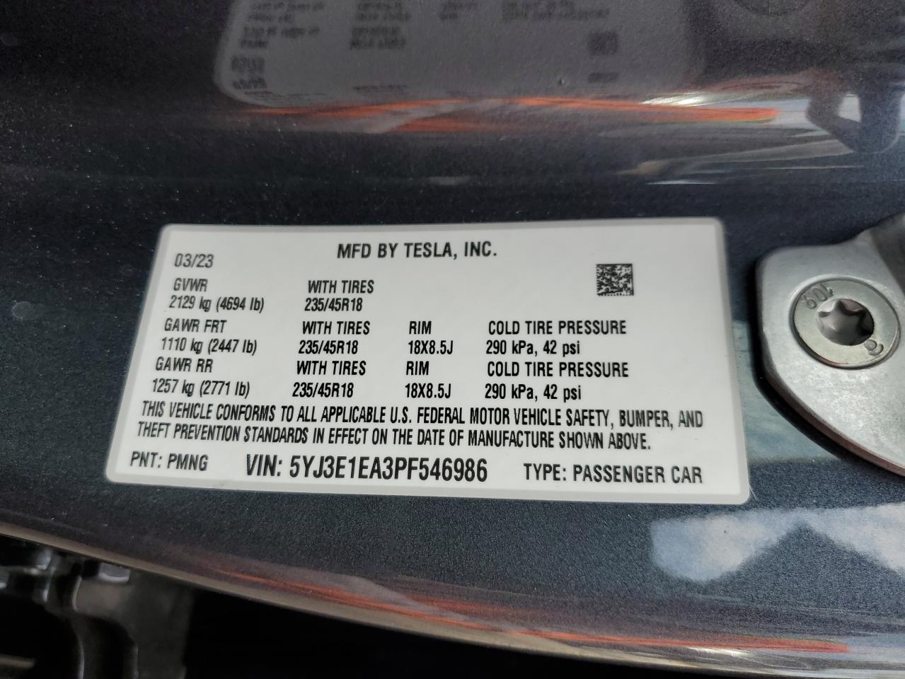2023 TESLA MODEL 3 VIN:5YJ3E1EA3PF546986
