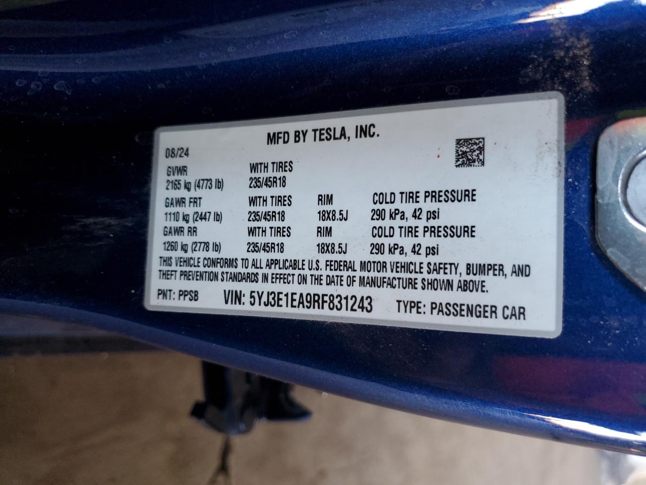 2024 TESLA MODEL 3 VIN:5YJ3E1EA9RF831243
