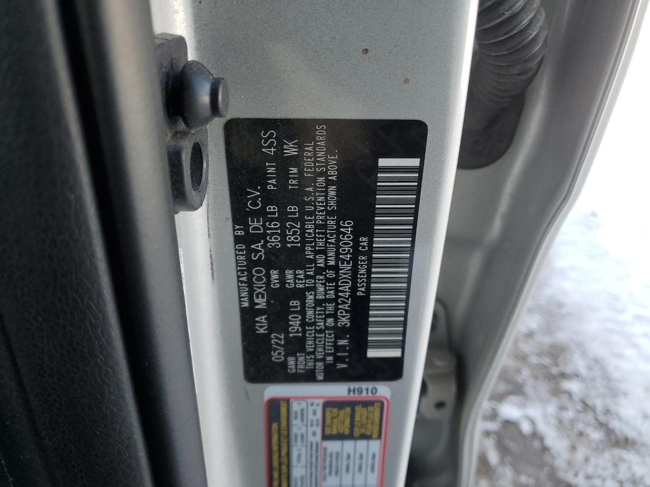 2022 KIA RIO LX VIN:3KPA24ADXNE490646