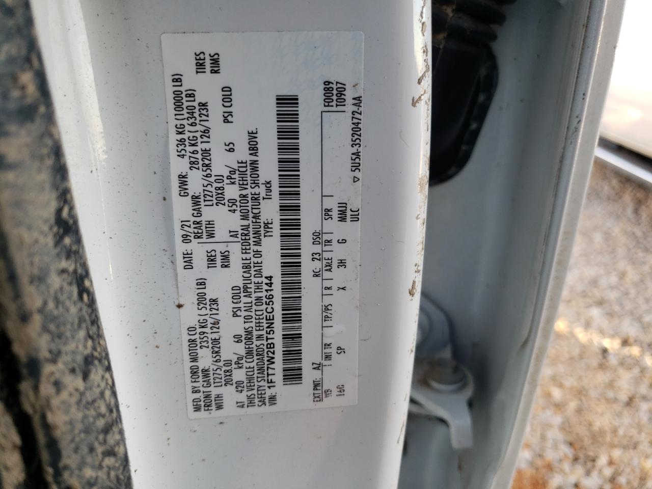 2022 FORD F250 SUPER DUTY VIN:1FT7W2BT5NEC56144