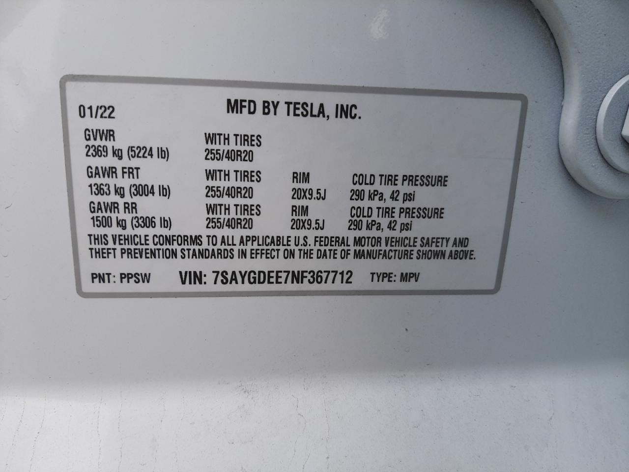 2022 TESLA MODEL Y VIN:7SAYGDEE7NF367712