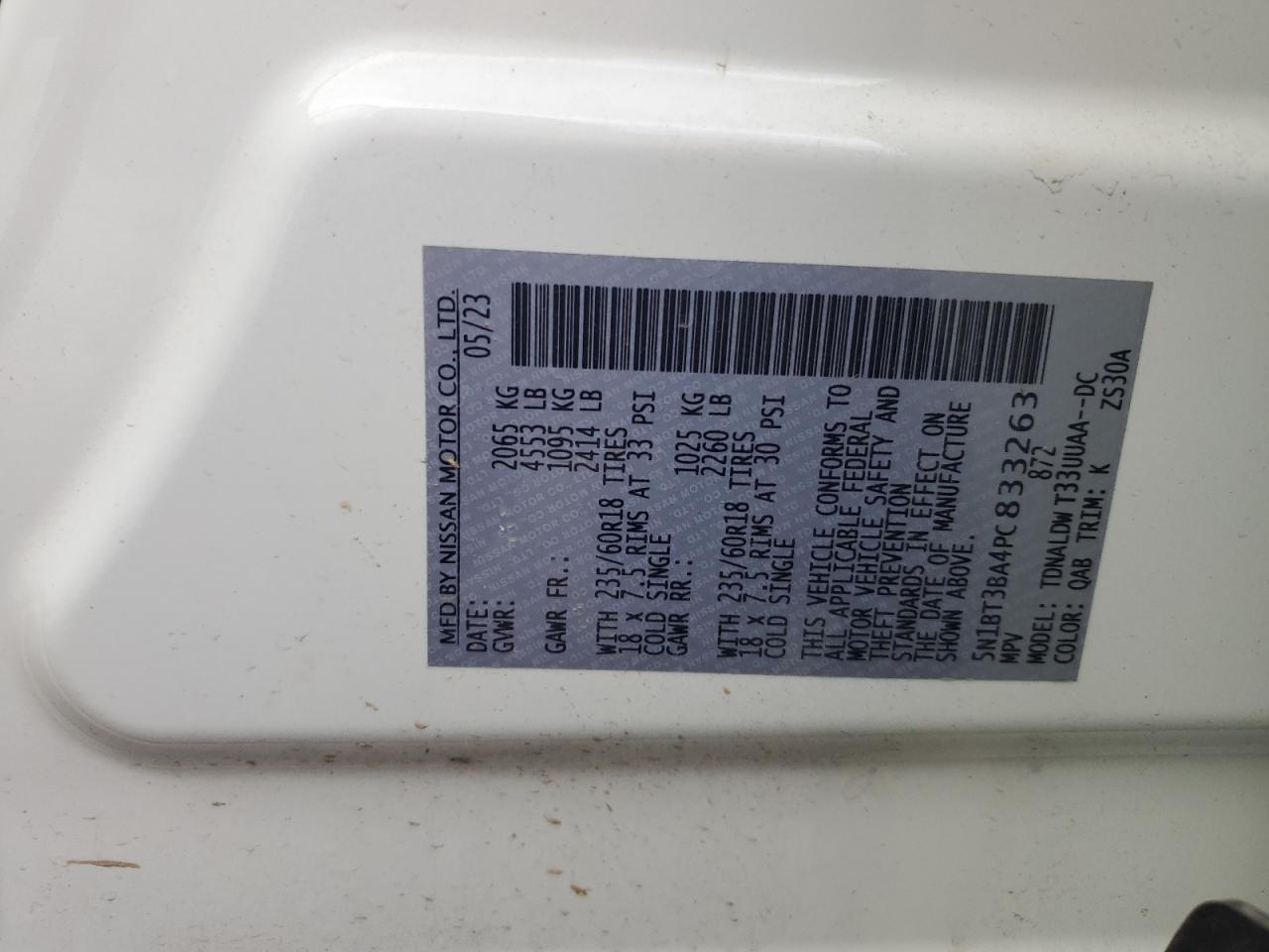 2023 NISSAN ROGUE SV VIN:5N1BT3BA4PC833263