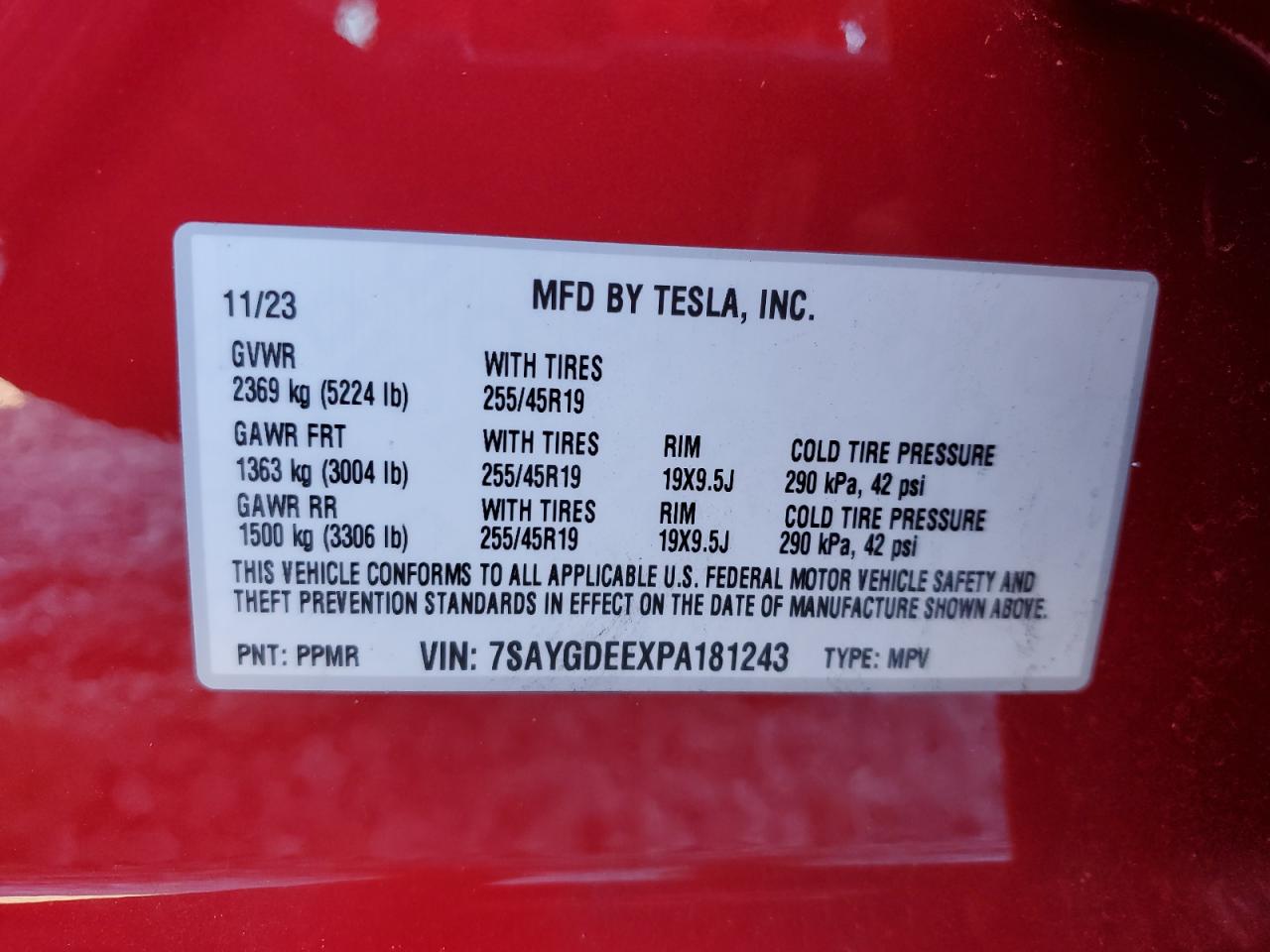 2023 TESLA MODEL Y VIN:7SAYGDEEXPA181243