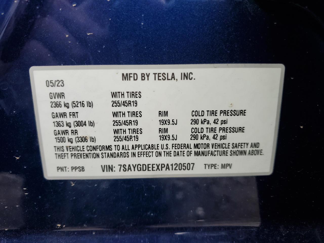 2023 TESLA MODEL Y VIN:7SAYGDEEXPA120507