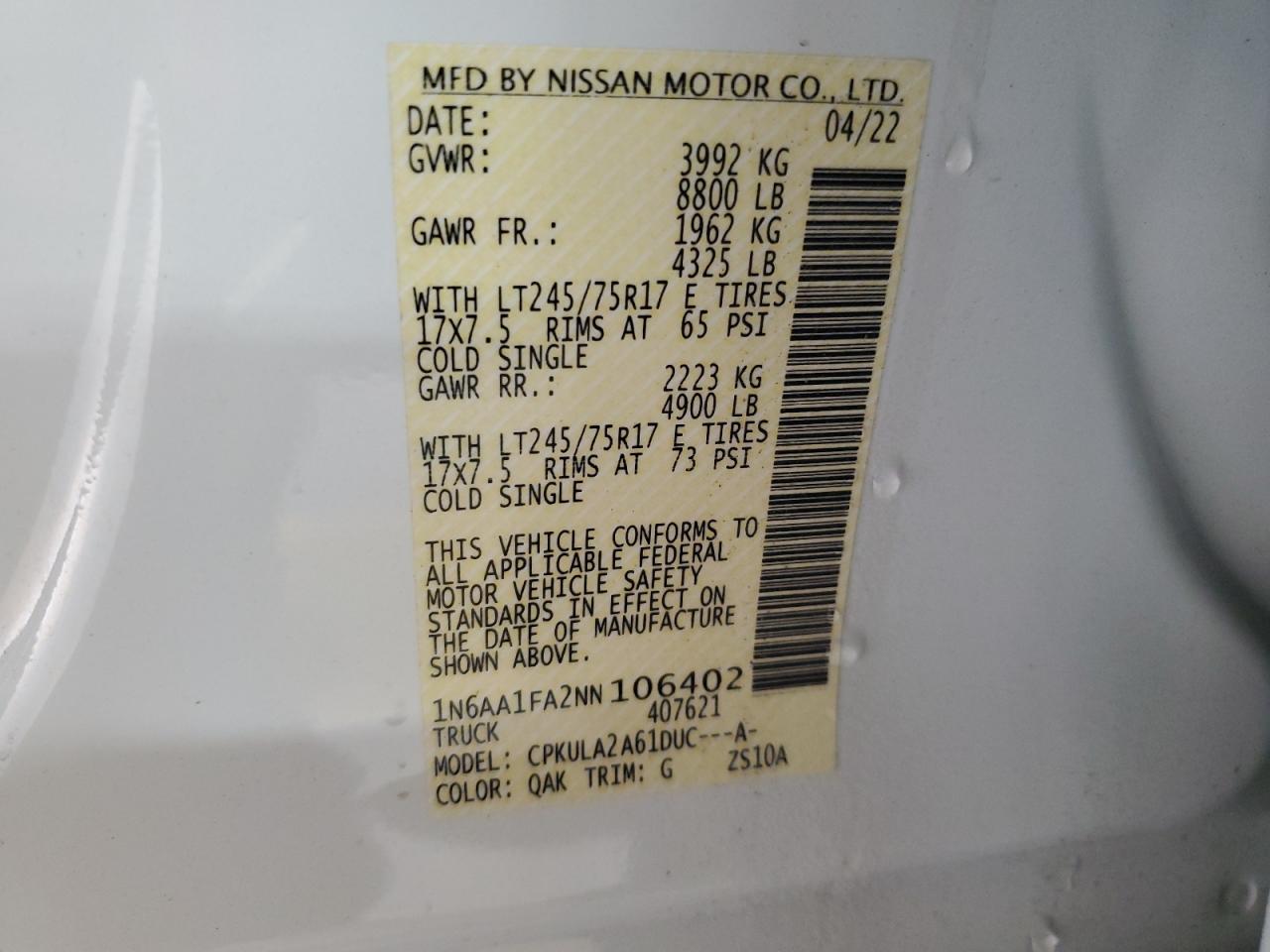 2022 NISSAN TITAN XD S VIN:1N6AA1FA2NN106402
