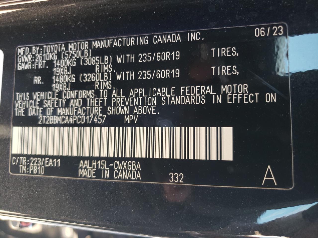 2023 LEXUS RX 350H BASE VIN:2T2BBMCA4PC017457