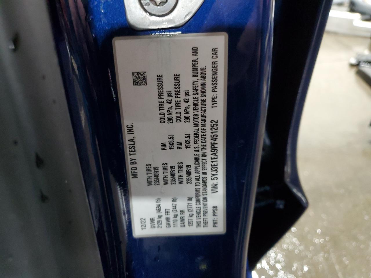 2023 TESLA MODEL 3 VIN:5YJ3E1EA9PF451252