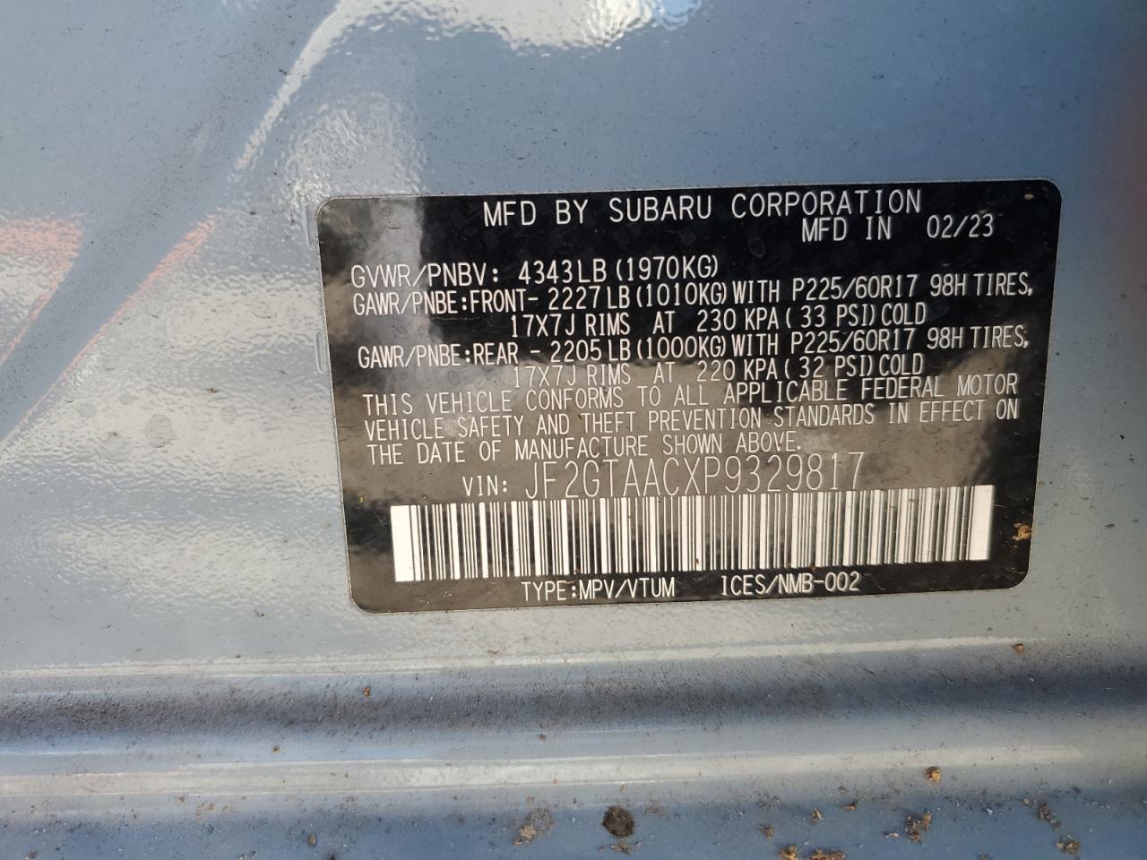 2023 SUBARU CROSSTREK VIN:JF2GTAACXP9329817