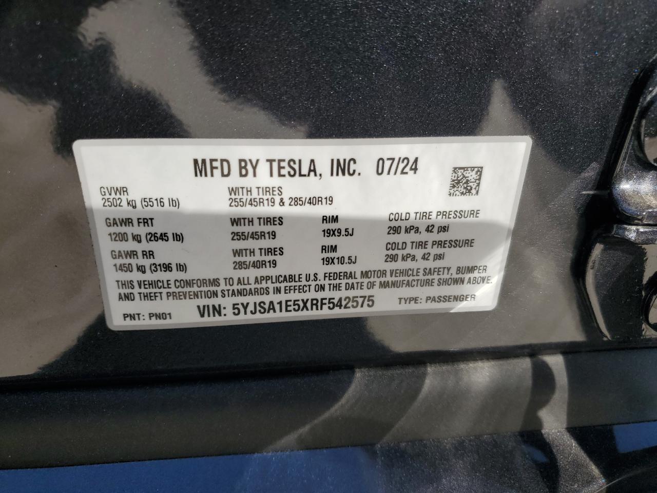 2024 TESLA MODEL S VIN:5YJSA1E5XRF542575