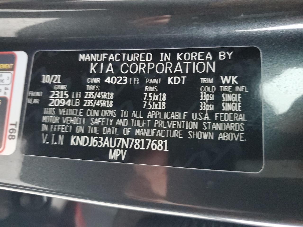 2022 KIA SOUL GT LINE VIN:KNDJ63AU7N7817681