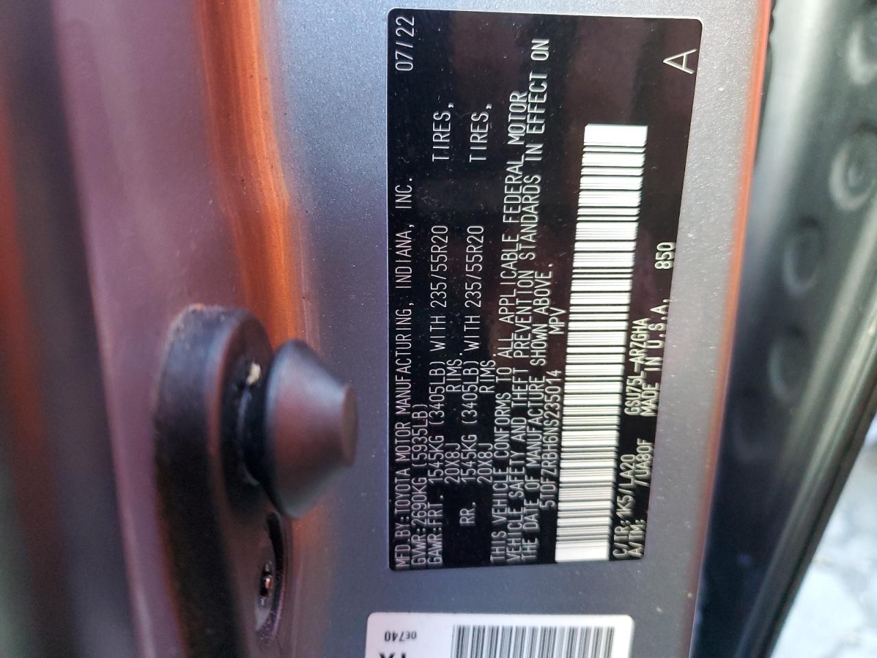 2022 TOYOTA HIGHLANDER PLATINUM VIN:5TDFZRBH6NS235014