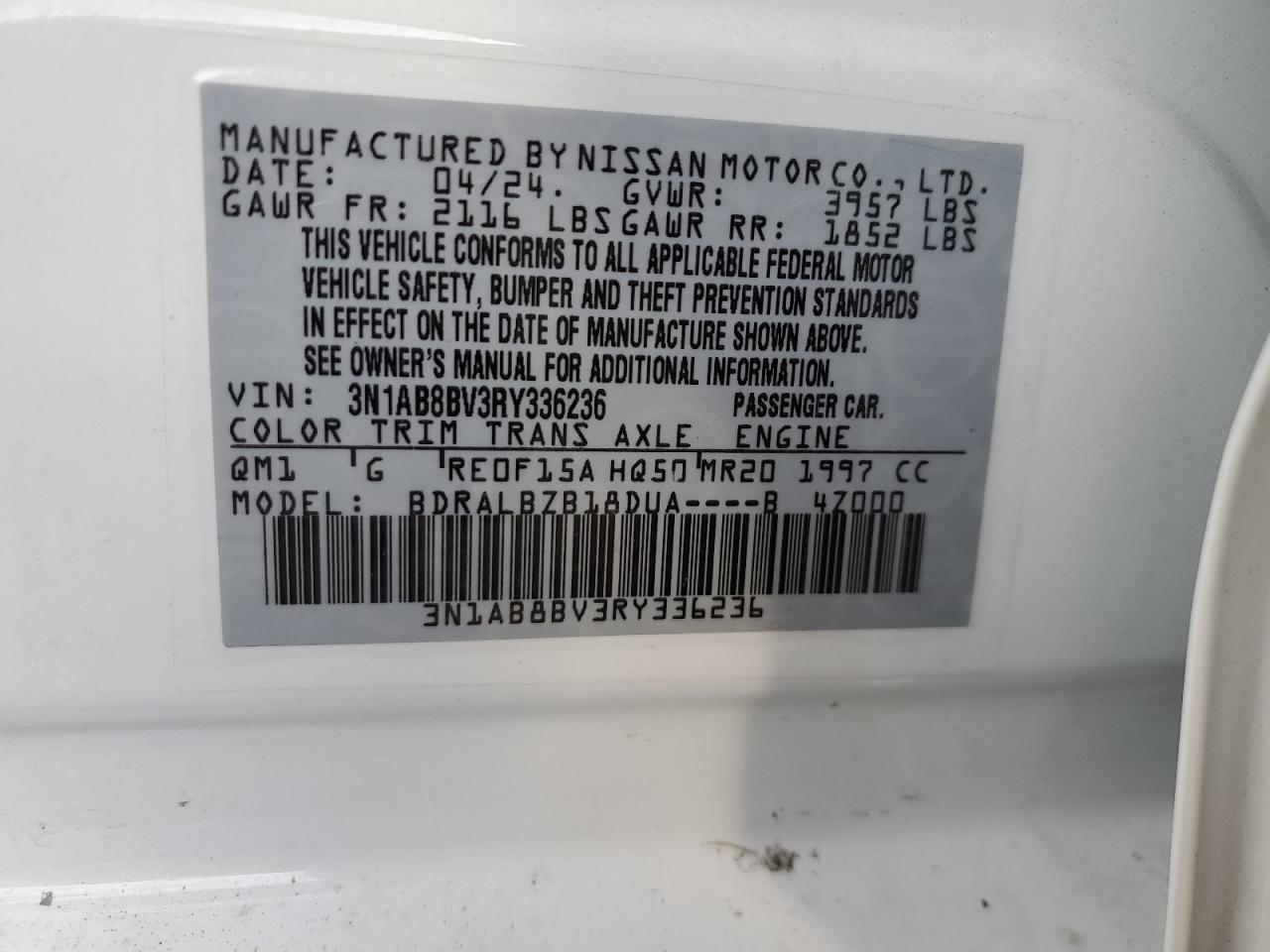 2024 NISSAN SENTRA S VIN:3N1AB8BV3RY336236