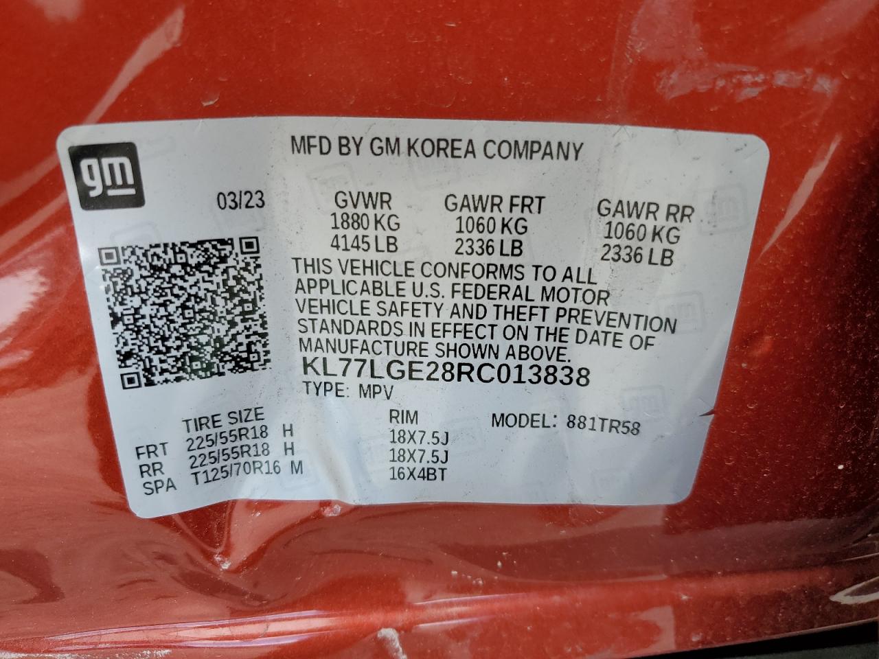 2024 CHEVROLET TRAX 1RS VIN:KL77LGE28RC013838