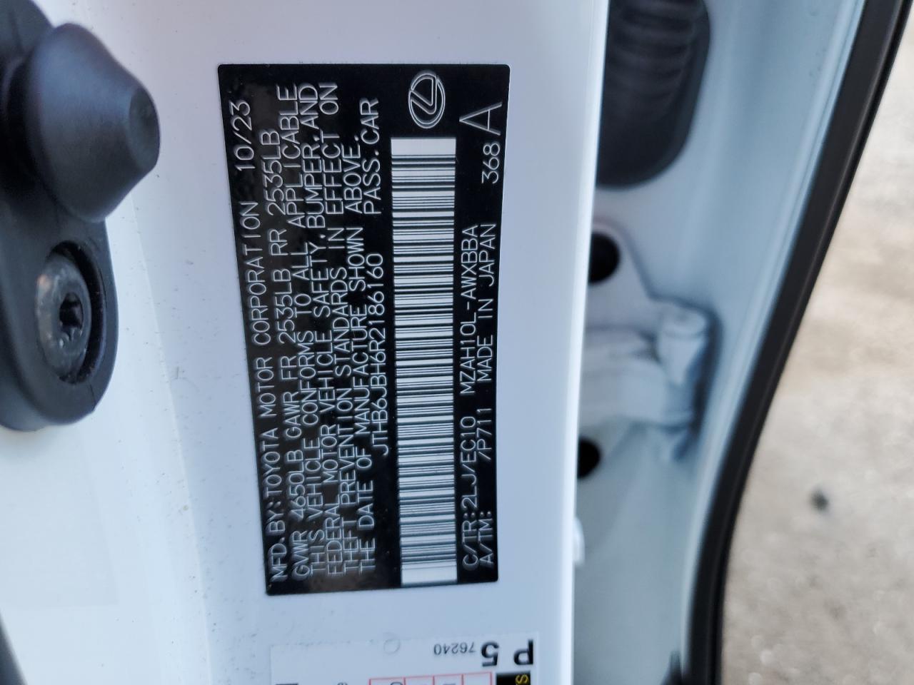 2024 LEXUS UX 250H BASE VIN:JTHB6JBH6R2186160