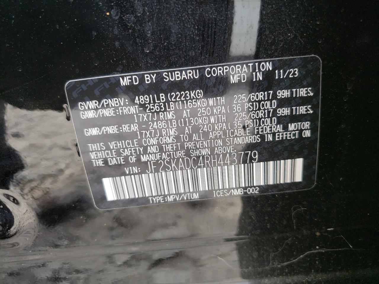 2024 SUBARU FORESTER PREMIUM VIN:JF2SKADC4RH443779