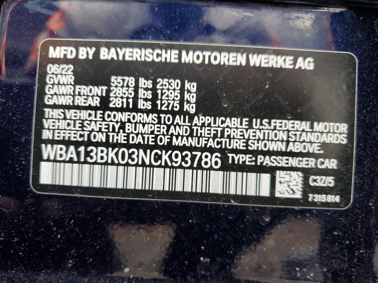 2022 BMW M550XI VIN:WP0AA2A8XNS255297