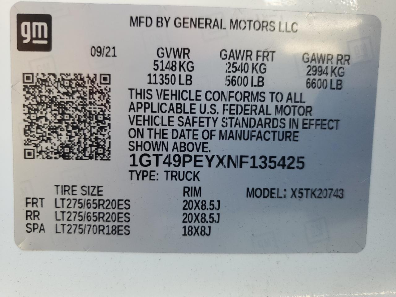 2022 GMC SIERRA K2500 AT4 VIN:1GT49PEYXNF135425