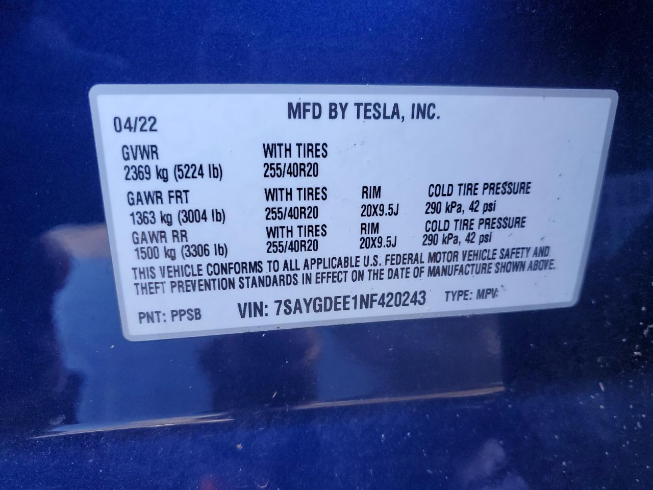 2022 TESLA MODEL Y VIN:7SAYGDEE1NF420243