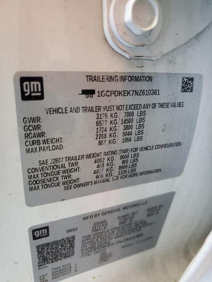 2022 CHEVROLET SILVERADO K1500 LT-L VIN:1GCPDKEK7NZ610361