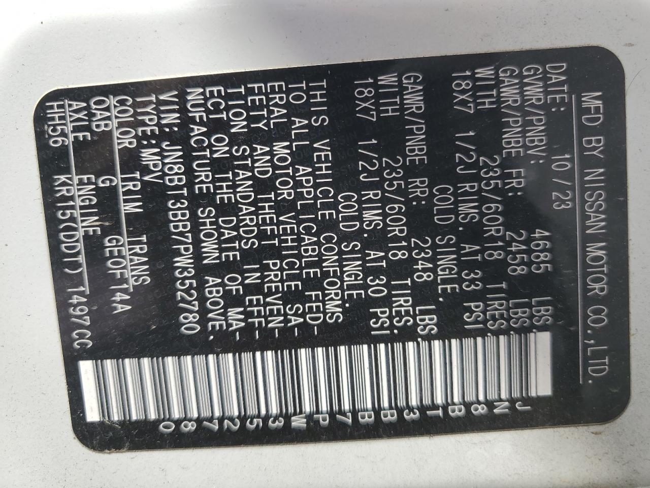 2023 NISSAN ROGUE SV VIN:JN8BT3BB7PW352780