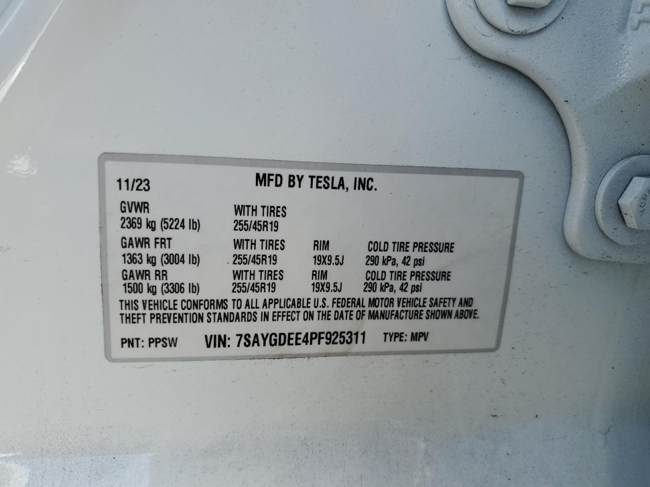 2023 TESLA MODEL Y VIN:7SAYGDEE4PF925311