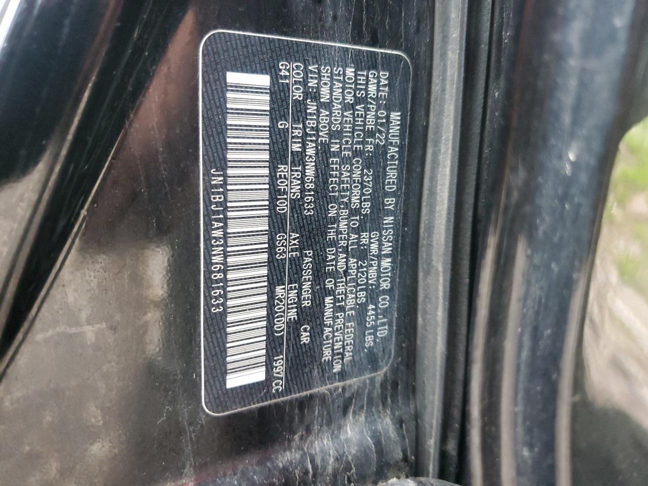 2022 NISSAN ROGUE SPORT S VIN:JN1BJ1AW3NW681633